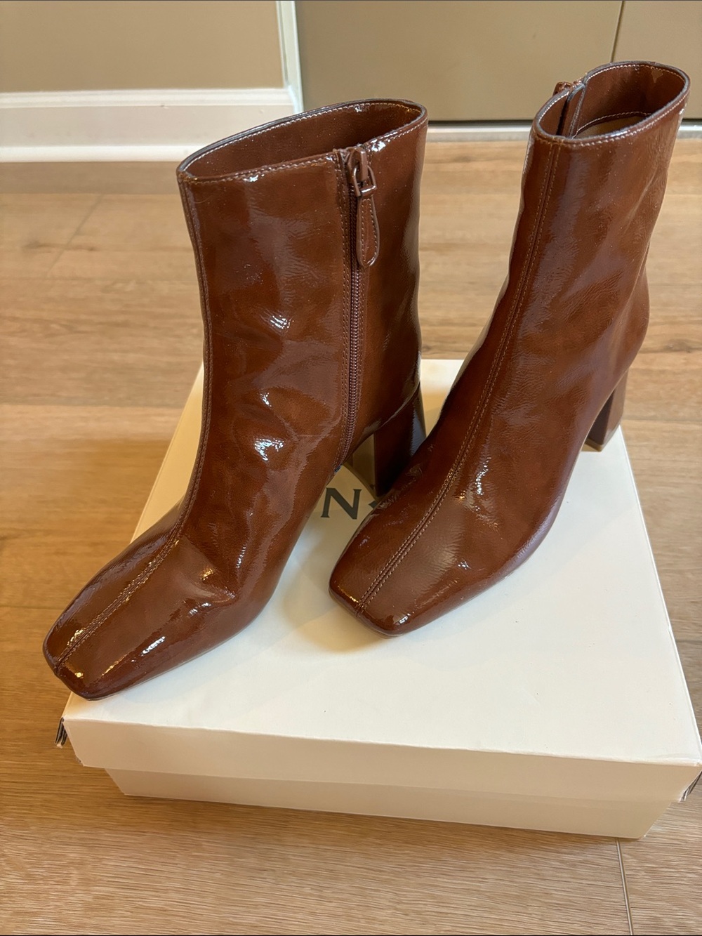 Sharp Patent Cognac Brown Square-Toe Ankle Boots with Block Heel - Women